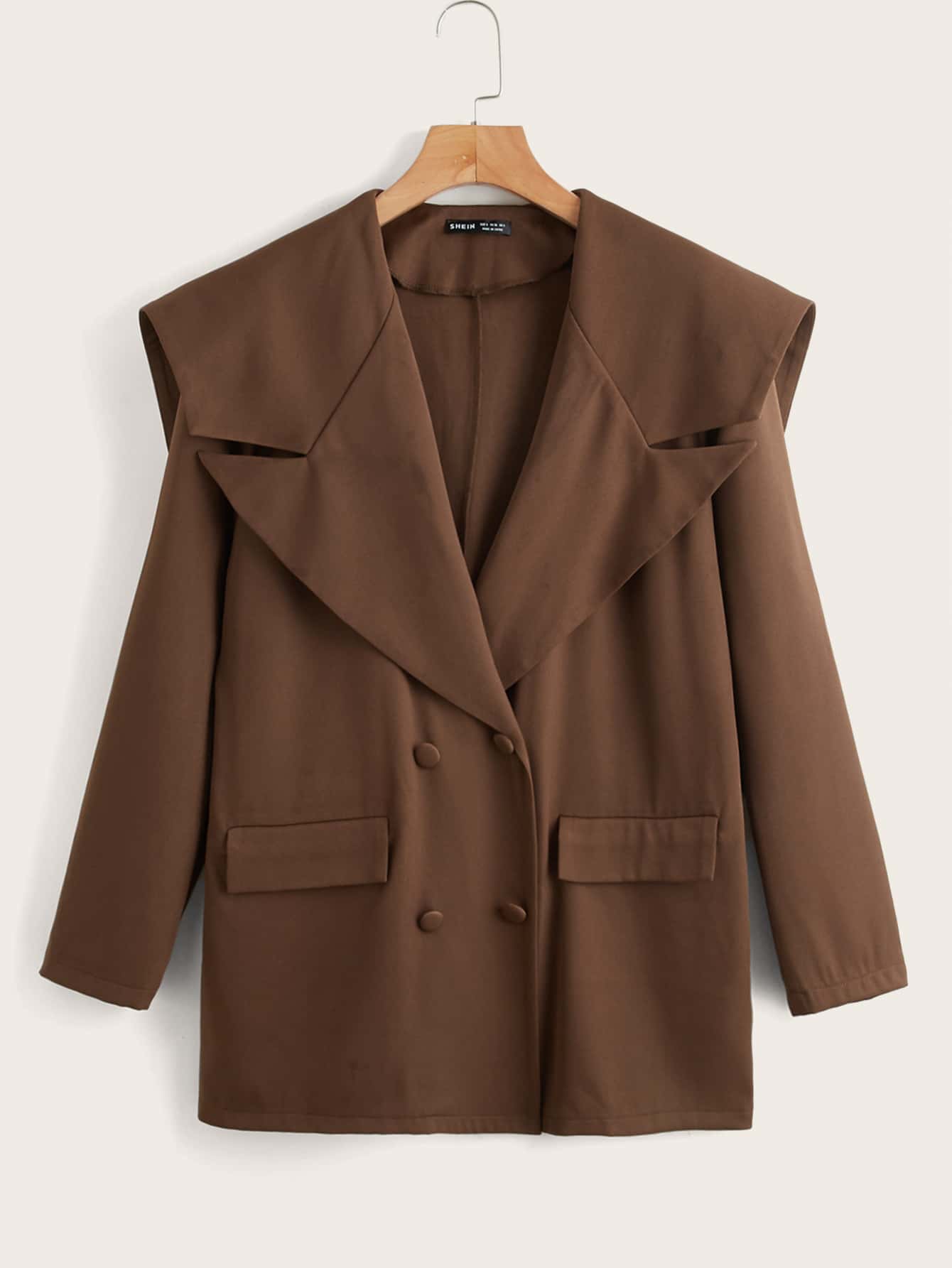 SHEIN Privé Double Breasted Flap Detail Statement Collar Coat - Rust Brown - View 1