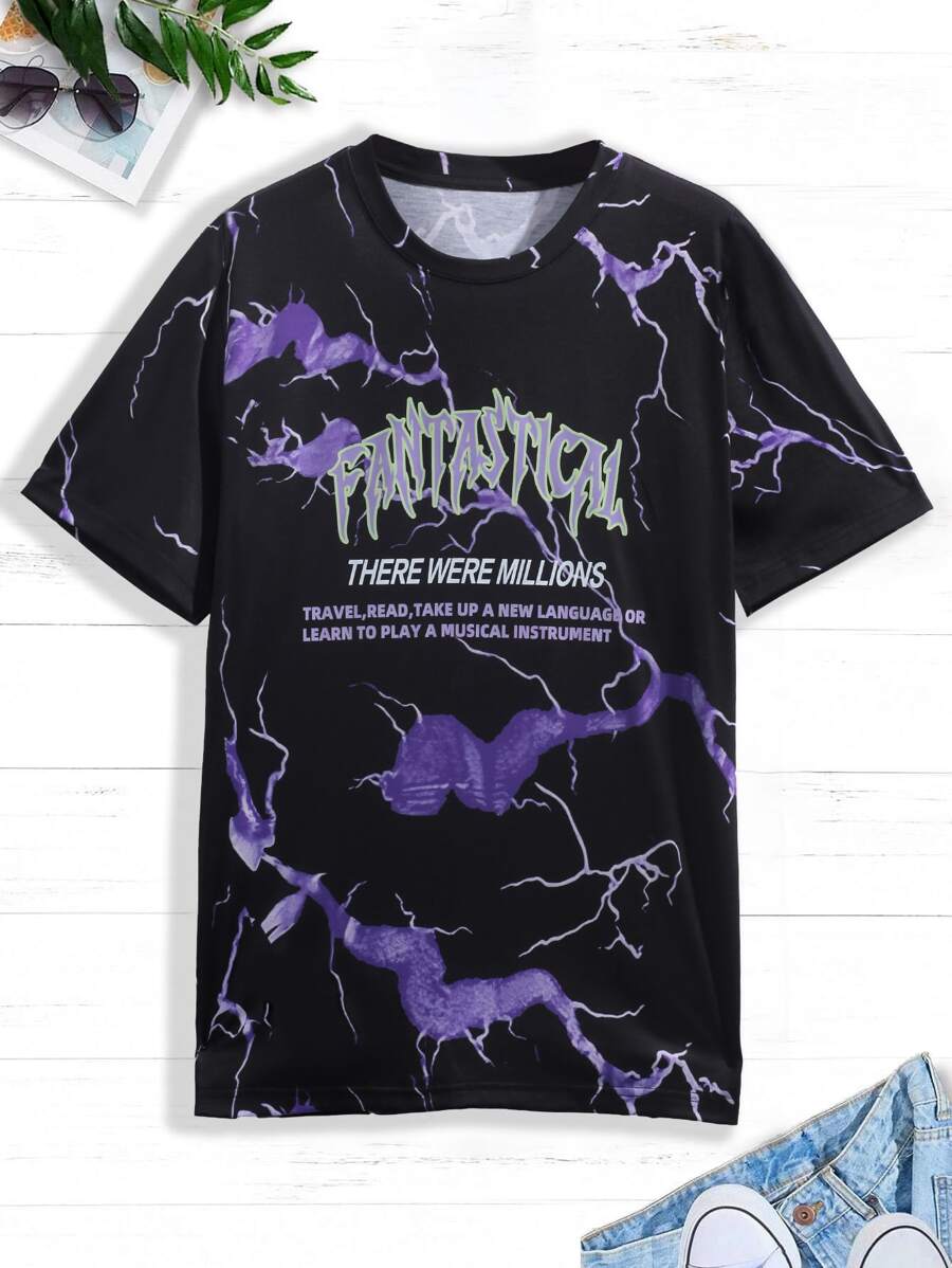 Manfinity EMRG Men Lightning & Slogan Graphic Tee - Black - View 1
