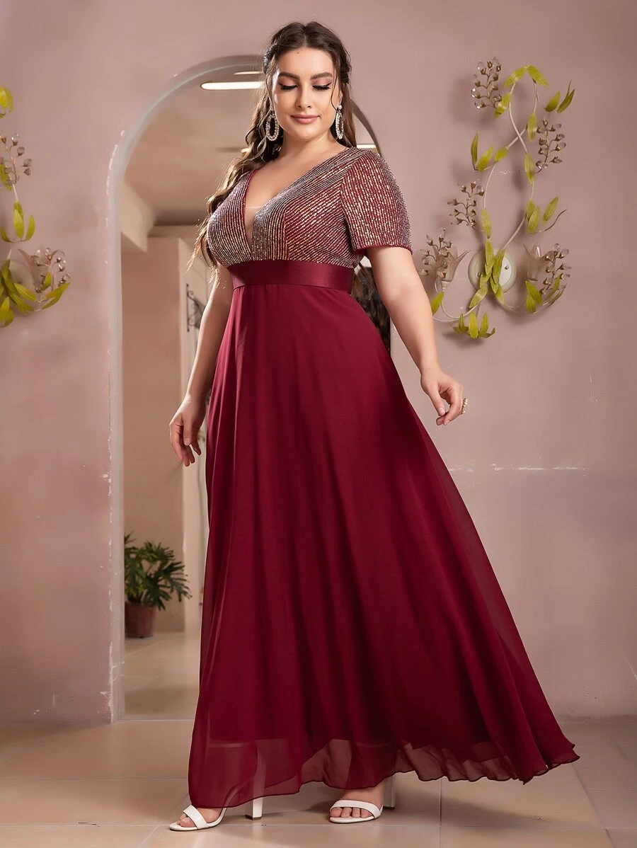 Plus Sequin Insert Plunge Neck Chiffon Prom Dress - Burgundy - View 1