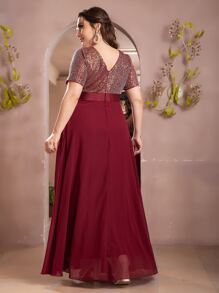 Plus Sequin Insert Plunge Neck Chiffon Prom Dress - Burgundy - View 2