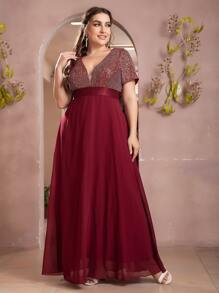 Plus Sequin Insert Plunge Neck Chiffon Prom Dress - Burgundy - View 3