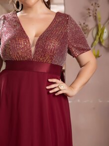 Plus Sequin Insert Plunge Neck Chiffon Prom Dress - Burgundy - View 7