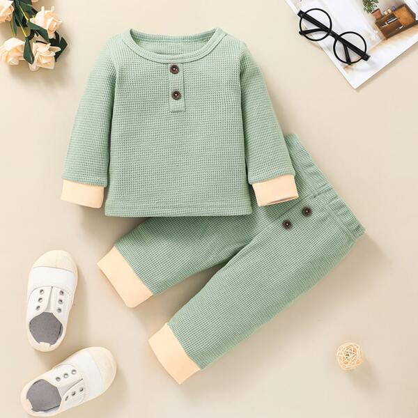 

Baby Waffle Knit Contrast Trim Pullover & Sweatpants, Mint green