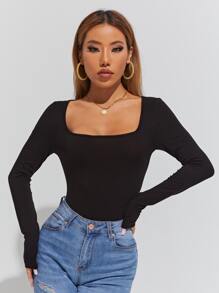 Muchica Summer Outfits Solid Square Neck Skinny T-Shirt - Black - View 1