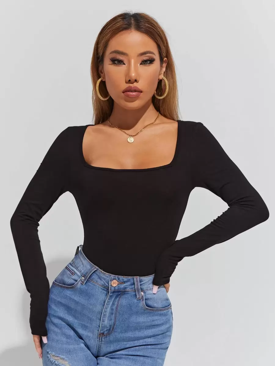 Muchica Summer Outfits Solid Square Neck Skinny T-Shirt - Black - View 1