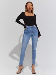 Muchica Summer Outfits Solid Square Neck Skinny T-Shirt - Black - View 3