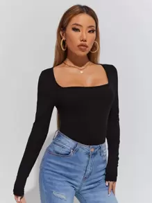 Muchica Summer Outfits Solid Square Neck Skinny T-Shirt - Black - View 4