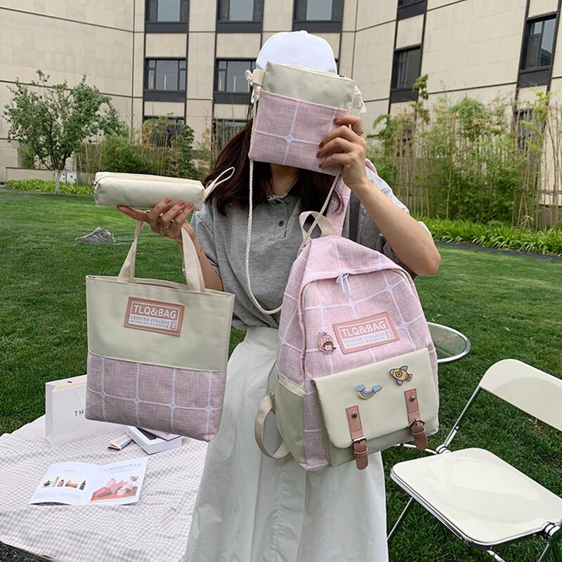 

4pcs Cartoon Decor Pocket Front Bag Set, Pink