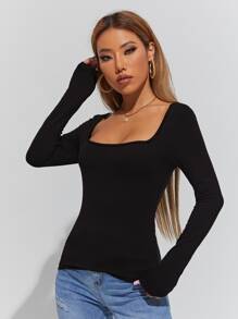 Muchica Summer Outfits Solid Square Neck Skinny T-Shirt - Black - View 5