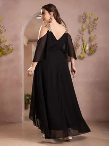 SHEIN Belle Plus Váy phù dâu bằng vải voan trễ vai đính sequin lạnh cao thấp - màu đen - Xem 2