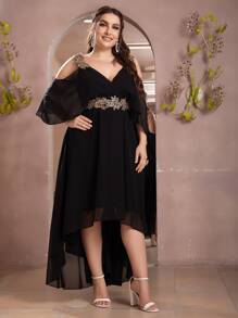 SHEIN Belle Plus Váy phù dâu bằng vải voan trễ vai đính sequin lạnh cao thấp - màu đen - Xem 3