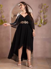 SHEIN Belle Plus Váy phù dâu bằng vải voan trễ vai đính sequin lạnh cao thấp - màu đen - Xem 4