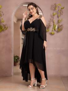 SHEIN Belle Plus Váy phù dâu bằng vải voan trễ vai đính sequin lạnh cao thấp - màu đen - Xem 6