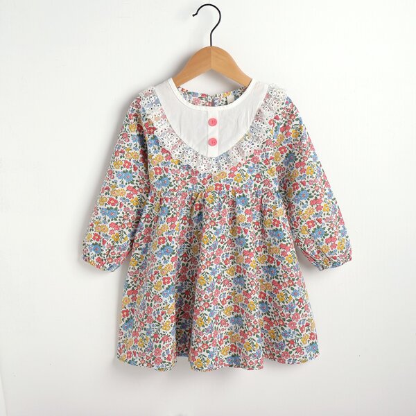 

Toddler Girls Ditsy Floral Print Embroidery Mesh Lantern Sleeve Dress, Multicolor
