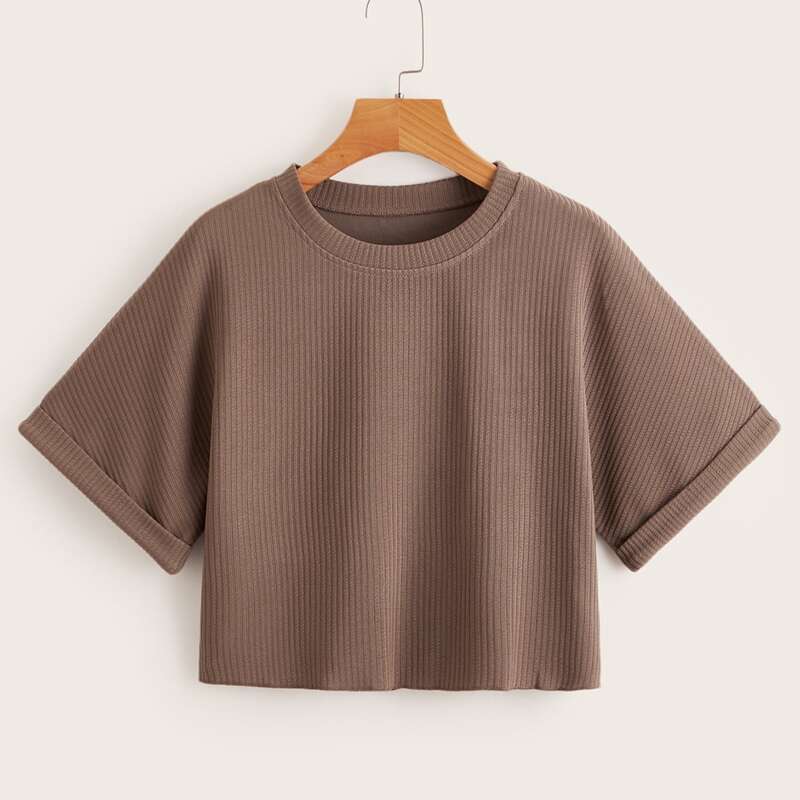 

Solid Rib-Knit Crop Tee, Coffee brown