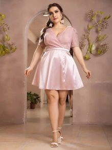 Plus Satin Contrast Lace Surplice Front Dress - Baby Pink - View 3