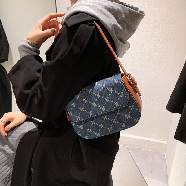 

Geometric Pattern Denim Flap Square Bag, Blue