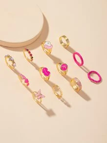 12入組蝴蝶裝飾戒指 - 粉色 - 查看 2