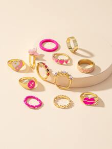 12入組蝴蝶裝飾戒指 - 粉色 - 查看 3