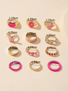 12入組蝴蝶裝飾戒指 - 粉色 - 查看 4