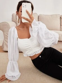 Camisa corta de manga fruncido bajo con fruncido - Blanco - Ver 2