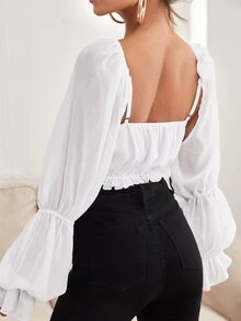 Camisa corta de manga fruncido bajo con fruncido - Blanco - Ver 3