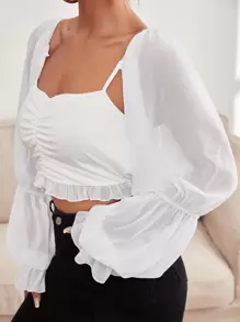 Camisa corta de manga fruncido bajo con fruncido - Blanco - Ver 1