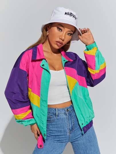 SHEIN EZwear Women Jackets Tombol Kantong Zip Blok Warna Casual