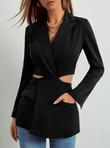 Cut Out Waist Flap Pocket Single Button Blazer - Black - View 1