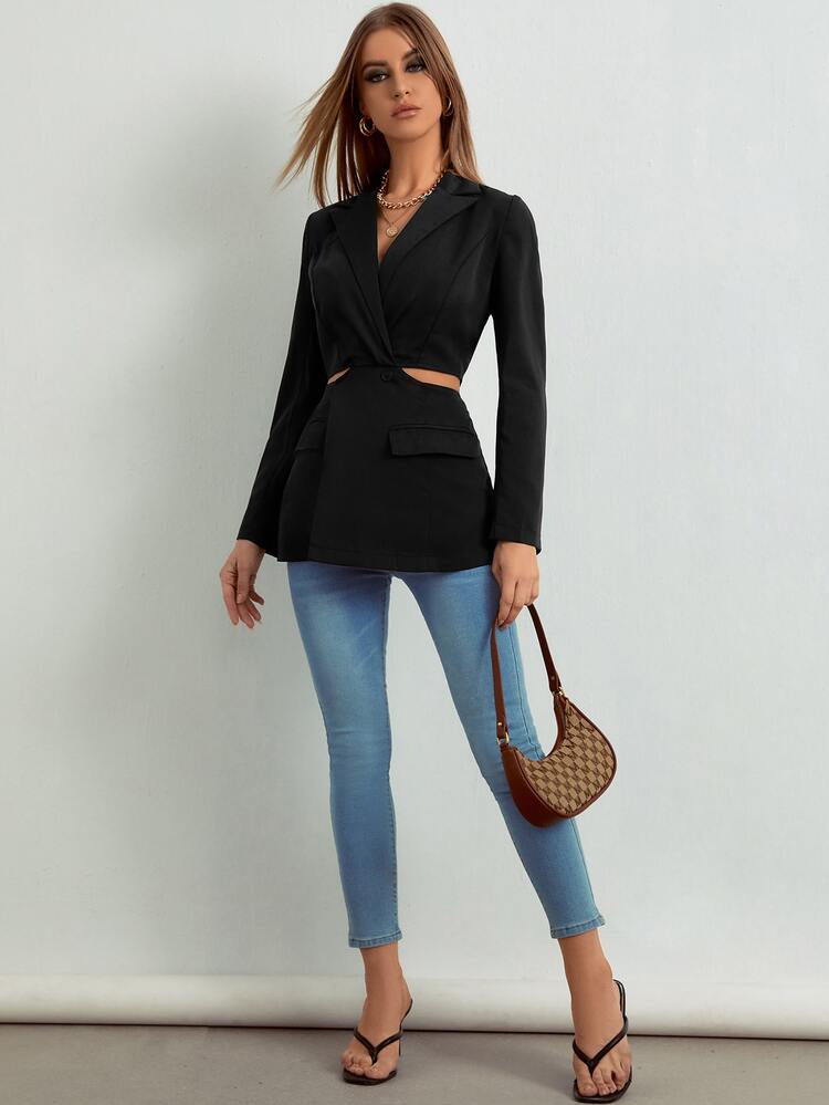 Blazer de cintura con abertura con bolsillo con solapa con botón - Negro - Añade 3