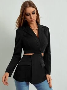 Cut Out Waist Flap Pocket Single Button Blazer - Black - View 4