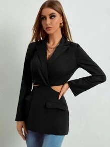 Cut Out Waist Flap Pocket Single Button Blazer - Black - View 5