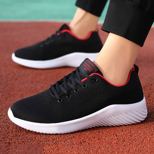 

Men Knit Detail Lace-up Front Running Shoes, Black