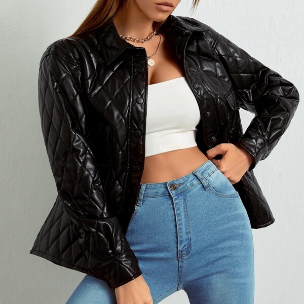 

Flap Pocket PU Quilted Coat, Black