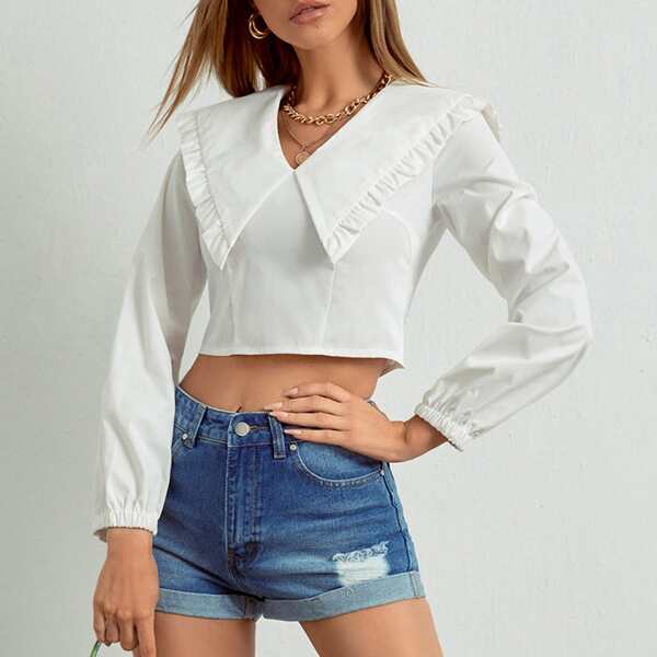 

Solid Frill Trim Crop Blouse, White
