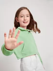 SHEIN Girls Half Zip Drop Shoulder Sweatshirt - Mint Green - View 1