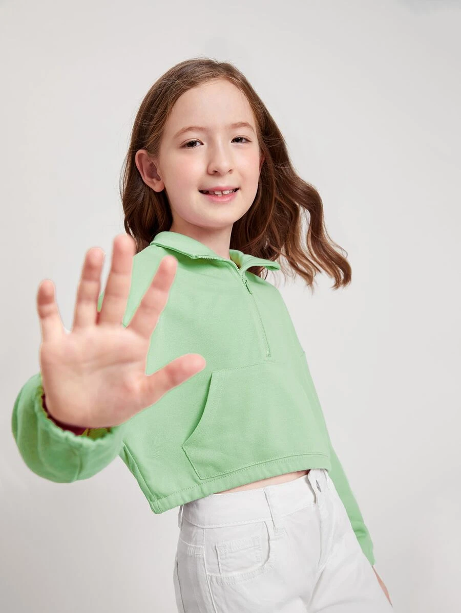 SHEIN Girls Half Zip Drop Shoulder Sweatshirt - Mint Green - View 1