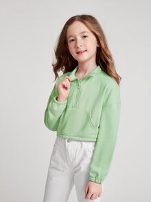 SHEIN Girls Half Zip Drop Shoulder Sweatshirt - Mint Green - View 3
