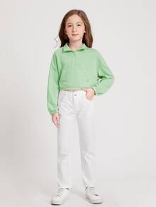 SHEIN Girls Half Zip Drop Shoulder Sweatshirt - Mint Green - View 4