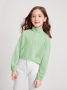 SHEIN Girls Half Zip Drop Shoulder Sweatshirt - Mint Green - View 5