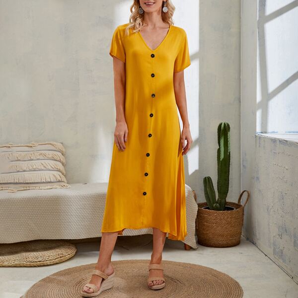 

Single Breasted V-neck Tunic Dress, Mustard yellow