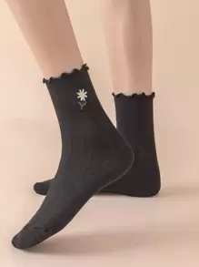4pairs Flower Embroidered Crew Socks - Black - View 2