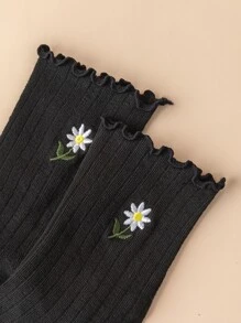 4pairs Flower Embroidered Crew Socks - Black - View 5