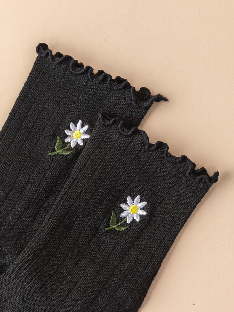 4pairs Flower Embroidered Crew Socks - Black - View 5