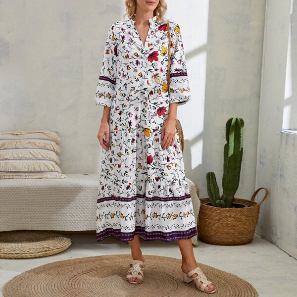 

Allover Floral Half Button Dress, White
