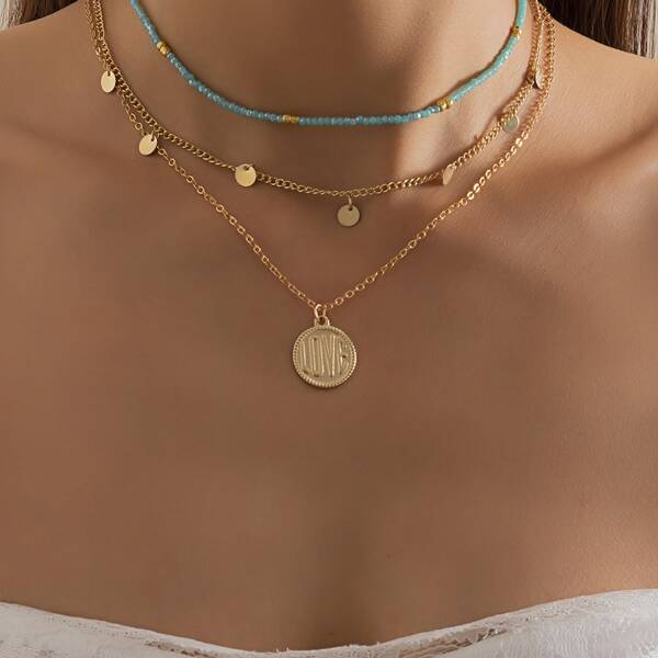 

3pcs Letter Graphic Round Charm Necklace, Multicolor