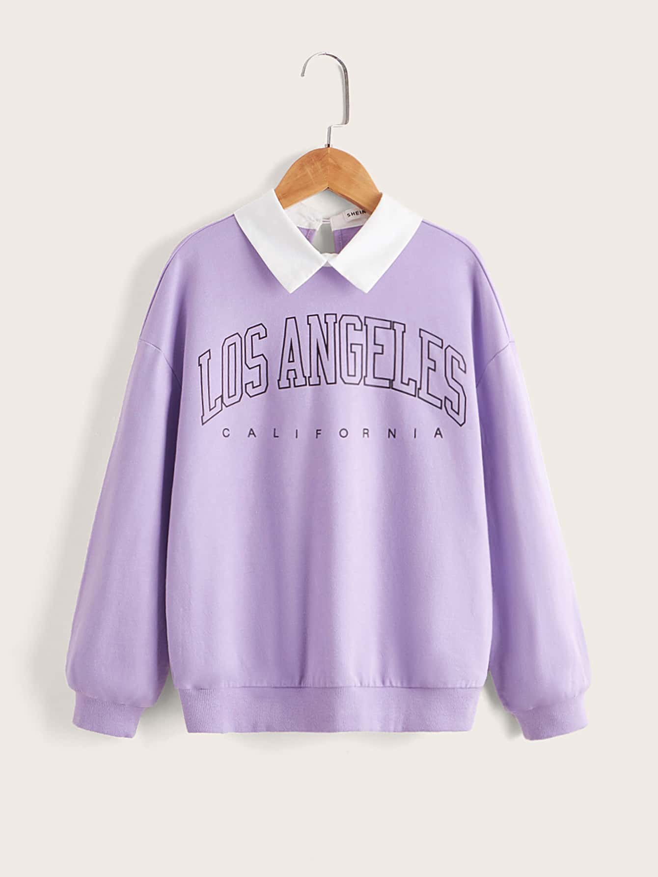 SHEIN Girls Contrast Neck Letter Graphic Drop Shoulder Sweatshirt - Lilac Purple - View 1
