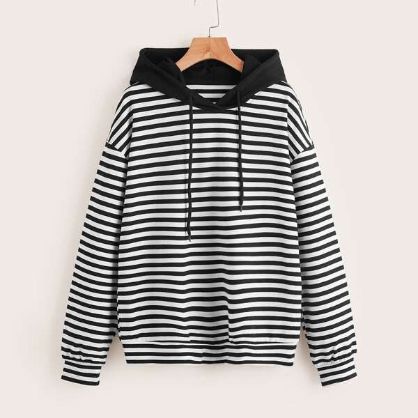 

Striped Drop Shoulder Drawstring Hoodie, Black and white