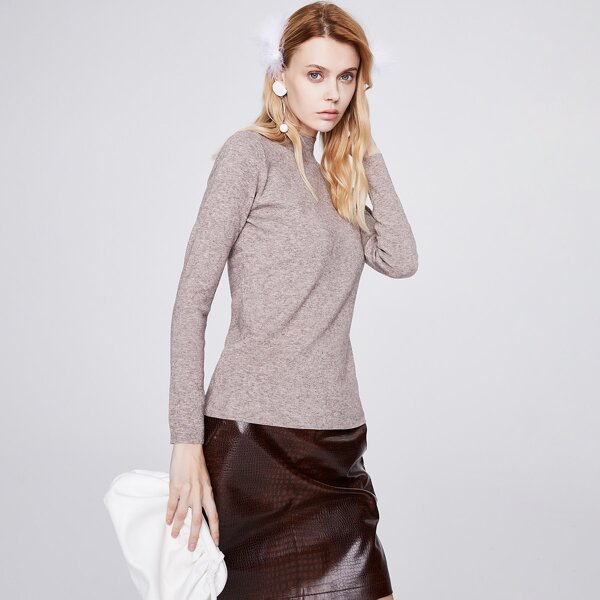 

Mock Neck Marled Knit Tee, Apricot