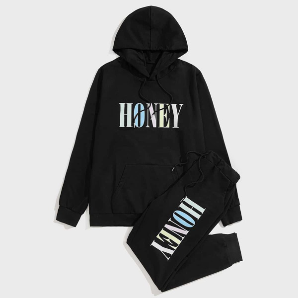 

Men Letter Graphic Drawstring Hoodie With Sweatpants, Black